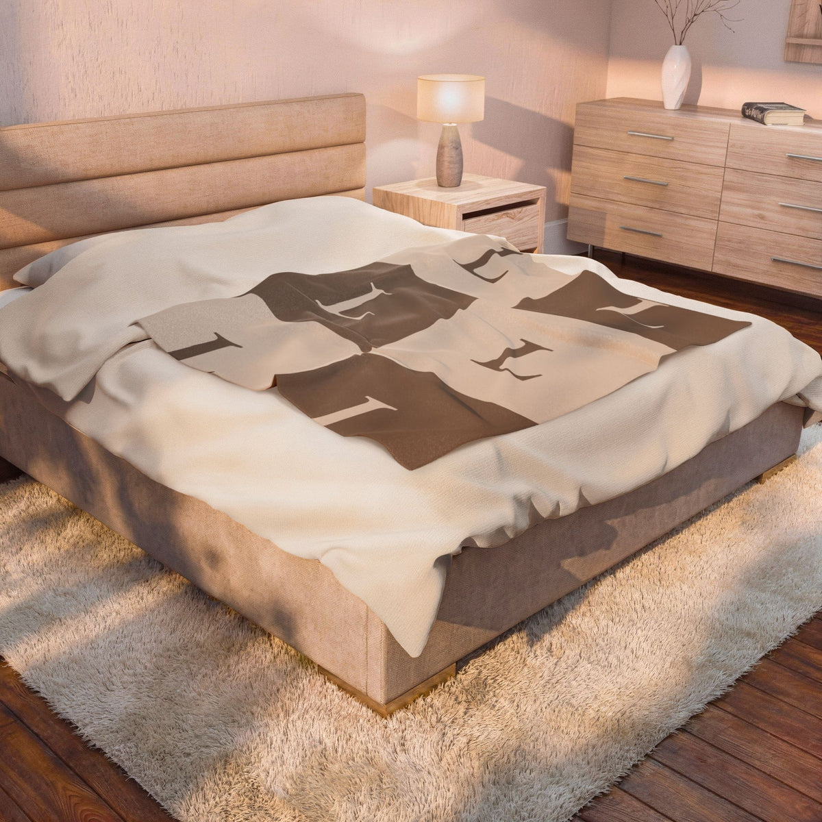 Lirita’ ita Monogram Velveteen Plush Blanket – Taupe & Beige