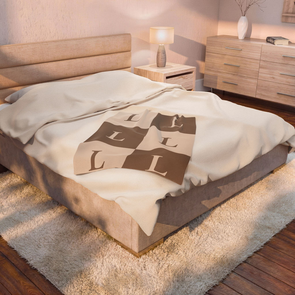 Lirita’ ita Monogram Velveteen Plush Blanket – Taupe & Beige