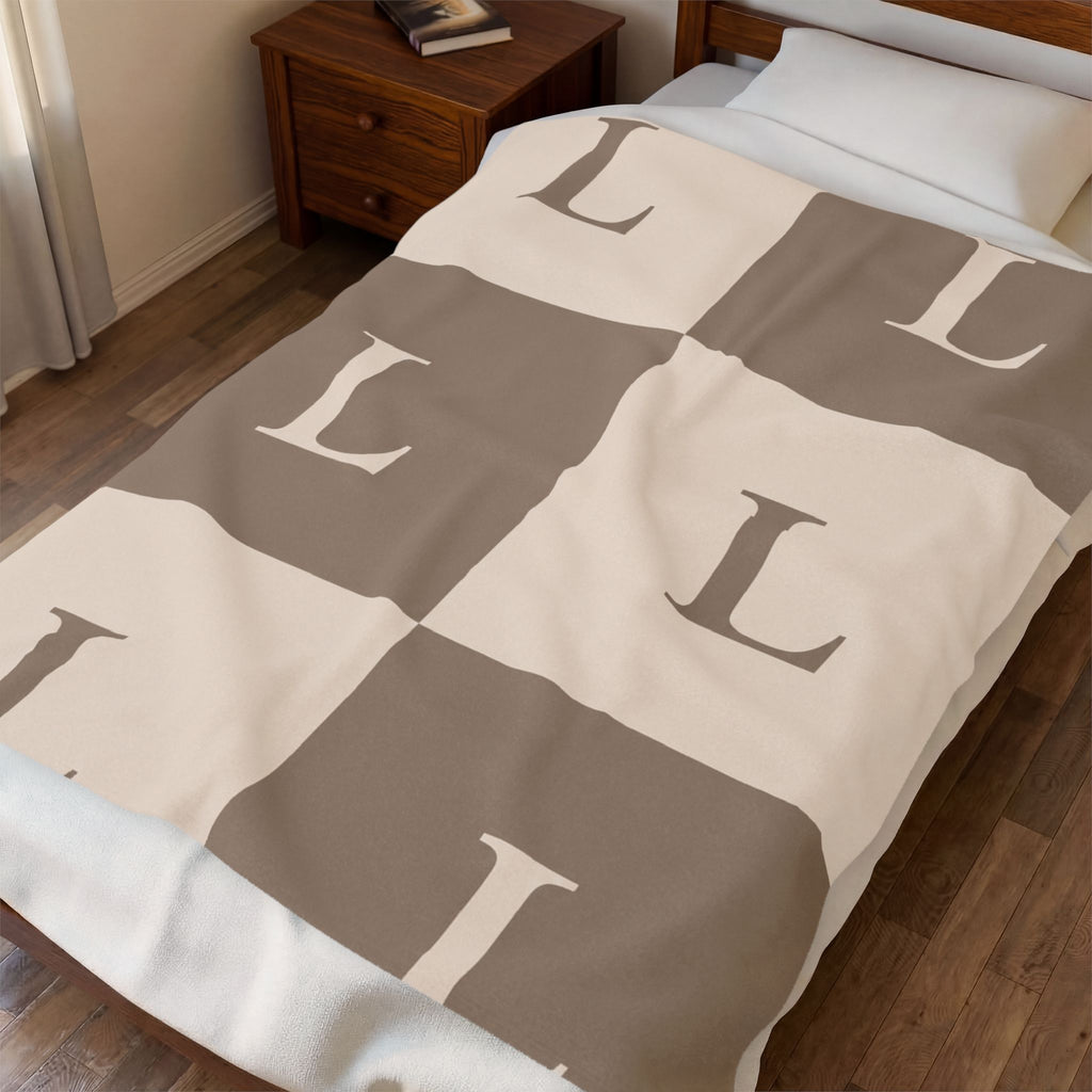 Lirita’ ita Monogram Velveteen Plush Blanket – Taupe & Beige