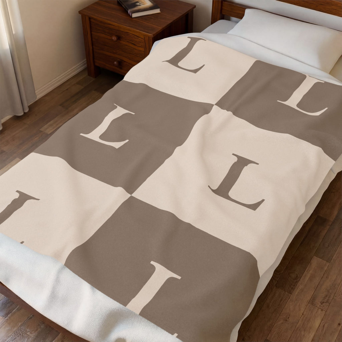 Lirita’ ita Monogram Velveteen Plush Blanket – Taupe & Beige