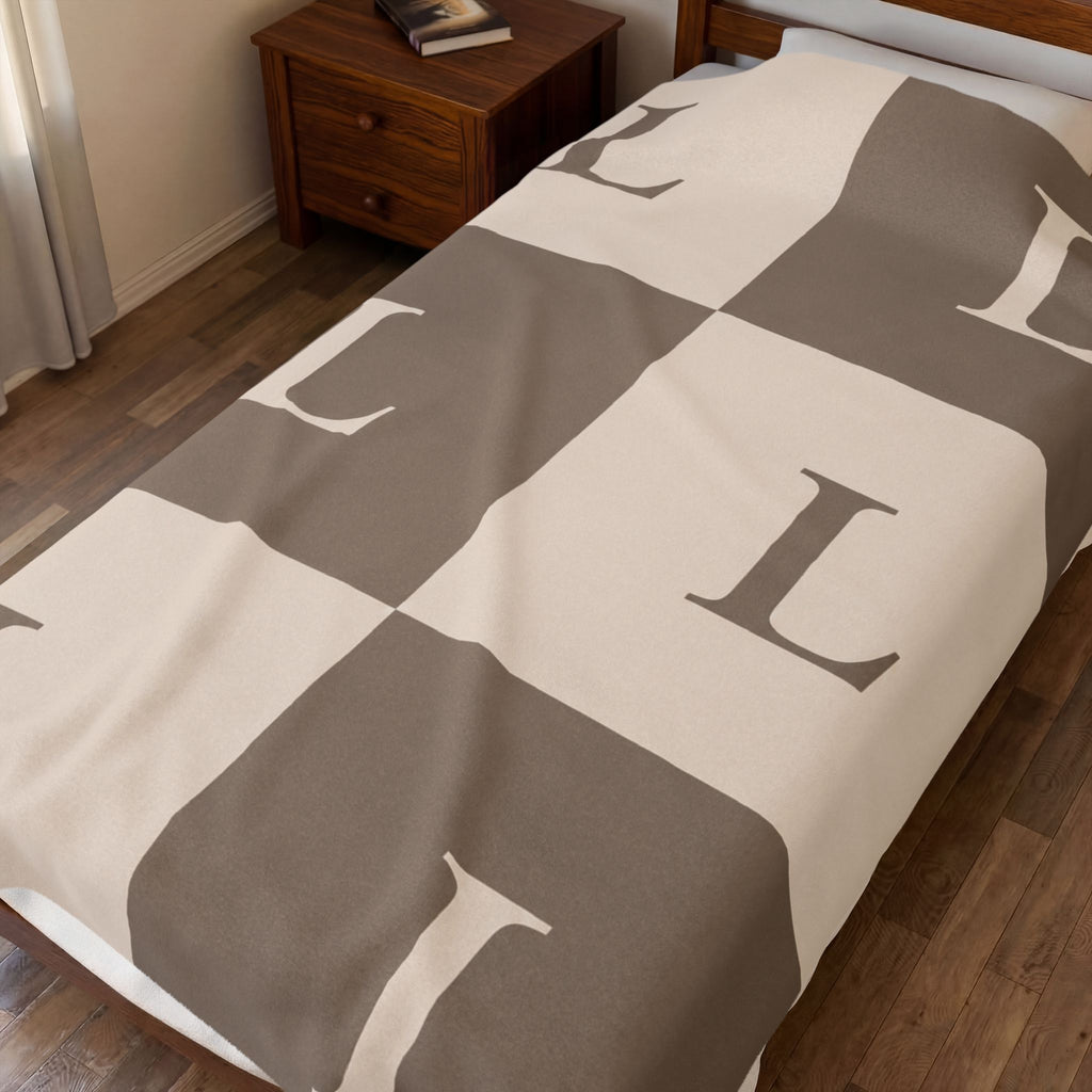 Lirita’ ita Monogram Velveteen Plush Blanket – Taupe & Beige