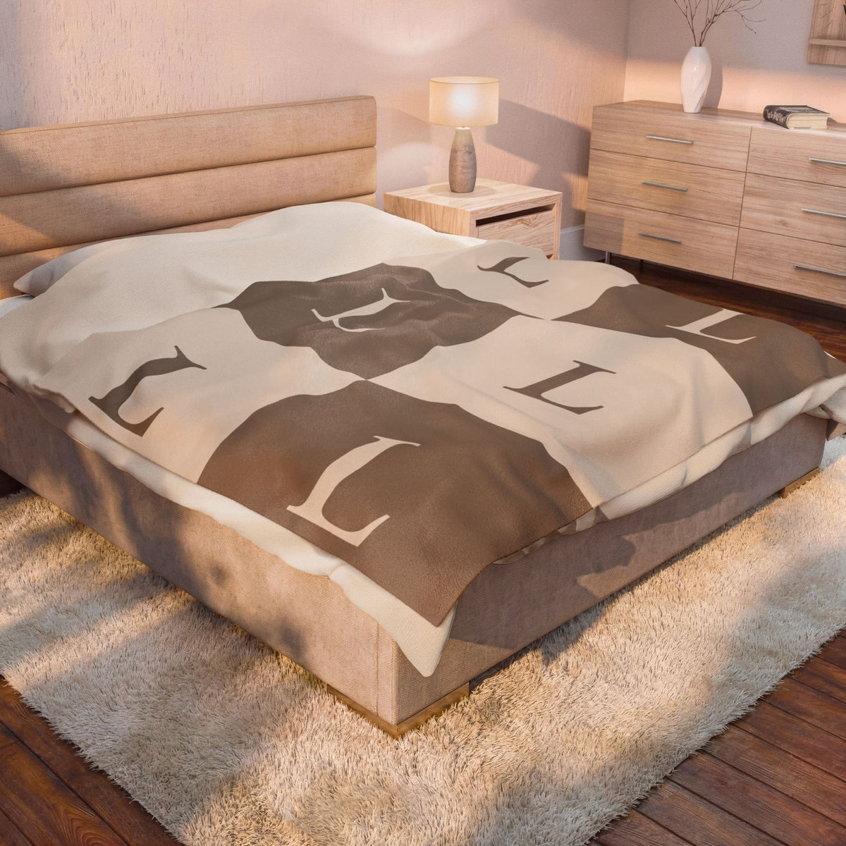 Lirita’ ita Monogram Velveteen Plush Blanket – Taupe & Beige
