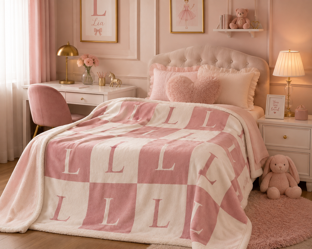 Lirita’ ita Signature Monogram Velveteen Plush Blanket – Blush Pink