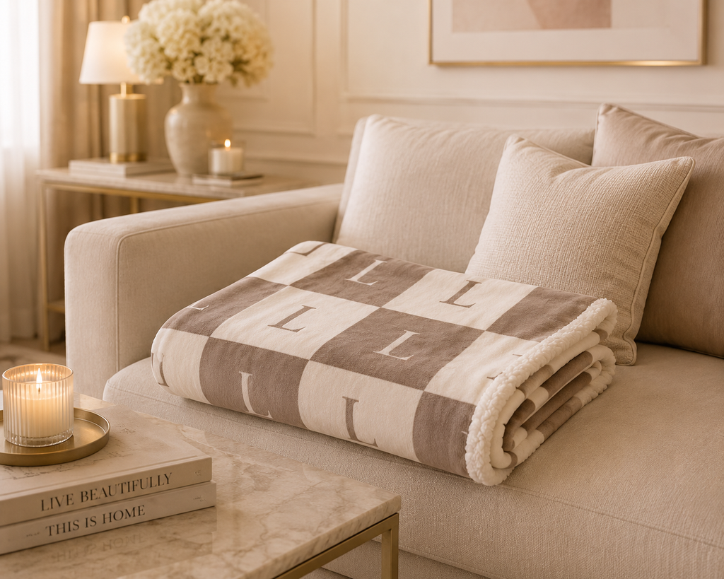 Lirita’ ita Monogram Velveteen Plush Blanket – Taupe & Beige